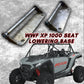 A set of two metal lowering brackets for a UTV seat, shown above a gray Polaris RZR side-by-side vehicle with red text reading 'WWF XP 1000 SEAT LOWERING BASE'.